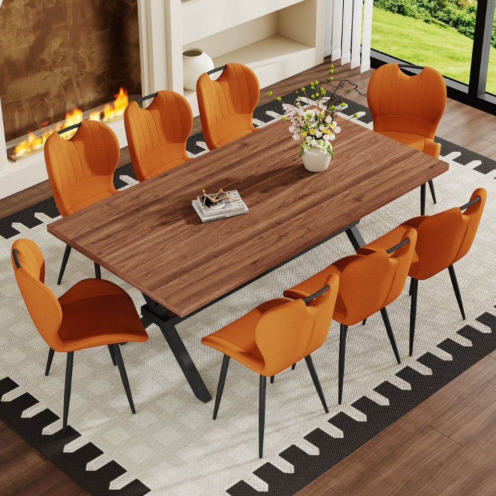 English Elm Table and Chair Set 8 Seat Industrial Walnut Mdf X Frame with Fabric Dining Chairs Orange, Walnut+Black W1151S04936