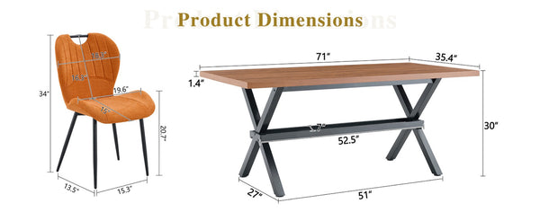 English Elm Table and Chair Set 8 Seat Industrial Walnut Mdf X Frame with Fabric Dining Chairs Orange, Walnut+Black W1151S04936