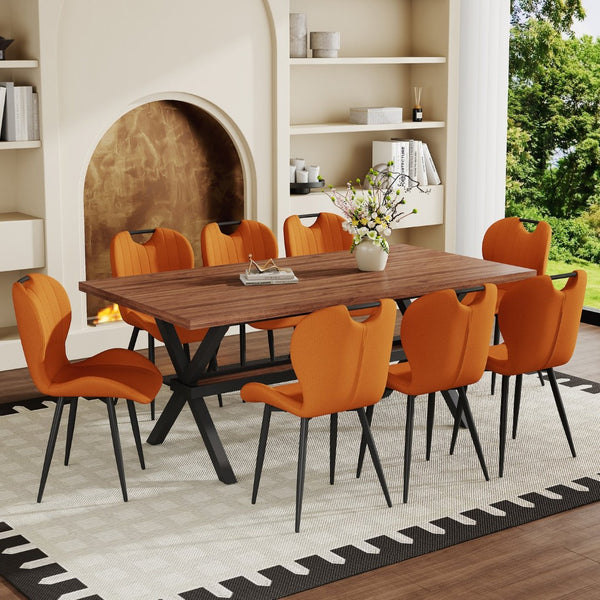 English Elm Table and Chair Set 8 Seat Industrial Walnut Mdf X Frame with Fabric Dining Chairs Orange, Walnut+Black W1151S04936