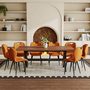 English Elm Table and Chair Set 8 Seat Industrial Walnut Mdf X Frame with Fabric Dining Chairs Orange, Walnut+Black W1151S04936