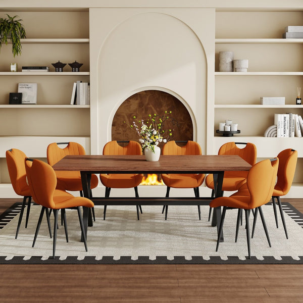 English Elm Table and Chair Set 8 Seat Industrial Walnut Mdf X Frame with Fabric Dining Chairs Orange, Walnut+Black W1151S04936