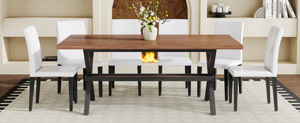 English Elm Table and Chair Set 7 Piece Industrial Walnut Mdf Top X Frame Dining Room Walnut+Black, White W1151S04937