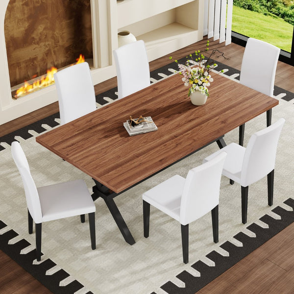 English Elm Table and Chair Set 7 Piece Industrial Walnut Mdf Top X Frame Dining Room Walnut+Black, White W1151S04937