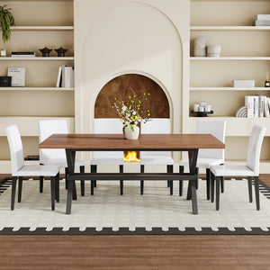 English Elm Table and Chair Set 7 Piece Industrial Walnut Mdf Top X Frame Dining Room Walnut+Black, White W1151S04937