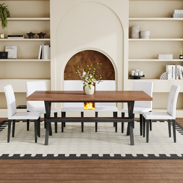 English Elm Table and Chair Set 7 Piece Industrial Walnut Mdf Top X Frame Dining Room Walnut+Black, White W1151S04937