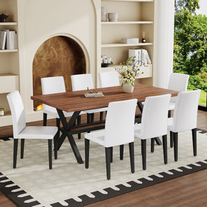 English Elm Table and Chair Set Seats 8 Walnut Mdf Top X Frame Base with Pu Dining Chairs Walnut+Black, White W1151S04938
