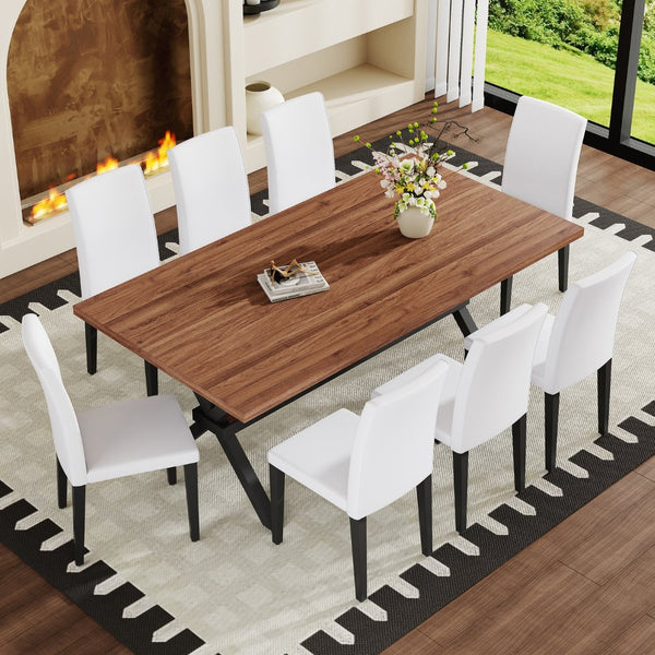 English Elm Table and Chair Set Seats 8 Walnut Mdf Top X Frame Base with Pu Dining Chairs Walnut+Black, White W1151S04938