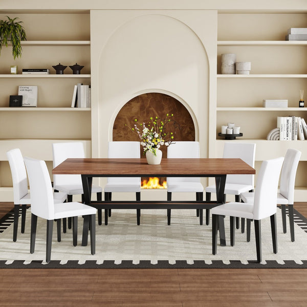 English Elm Table and Chair Set Seats 8 Walnut Mdf Top X Frame Base with Pu Dining Chairs Walnut+Black, White W1151S04938