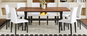 English Elm Table and Chair Set Seats 8 Walnut Mdf Top X Frame Base with Pu Dining Chairs Walnut+Black, White W1151S04938