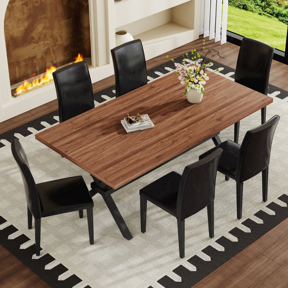 English Elm Table and Chair Set Walnut Mdf Top X Frame Industrial Dining for Six Walnut + Black W1151S04939