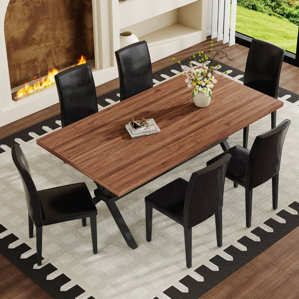 English Elm Table and Chair Set Walnut Mdf Top X Frame Industrial Dining for Six Walnut + Black W1151S04939