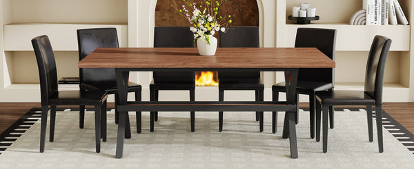 English Elm Table and Chair Set Walnut Mdf Top X Frame Industrial Dining for Six Walnut + Black W1151S04939