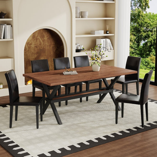 English Elm Table and Chair Set Walnut Mdf Top X Frame Industrial Dining for Six Walnut + Black W1151S04939