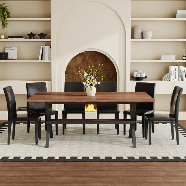 English Elm Table and Chair Set Walnut Mdf Top X Frame Industrial Dining for Six Walnut + Black W1151S04939