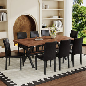 English Elm Table and Chair Set Seats 8 with Walnut Mdf Top and Industrial X Frame Design W1151S04940