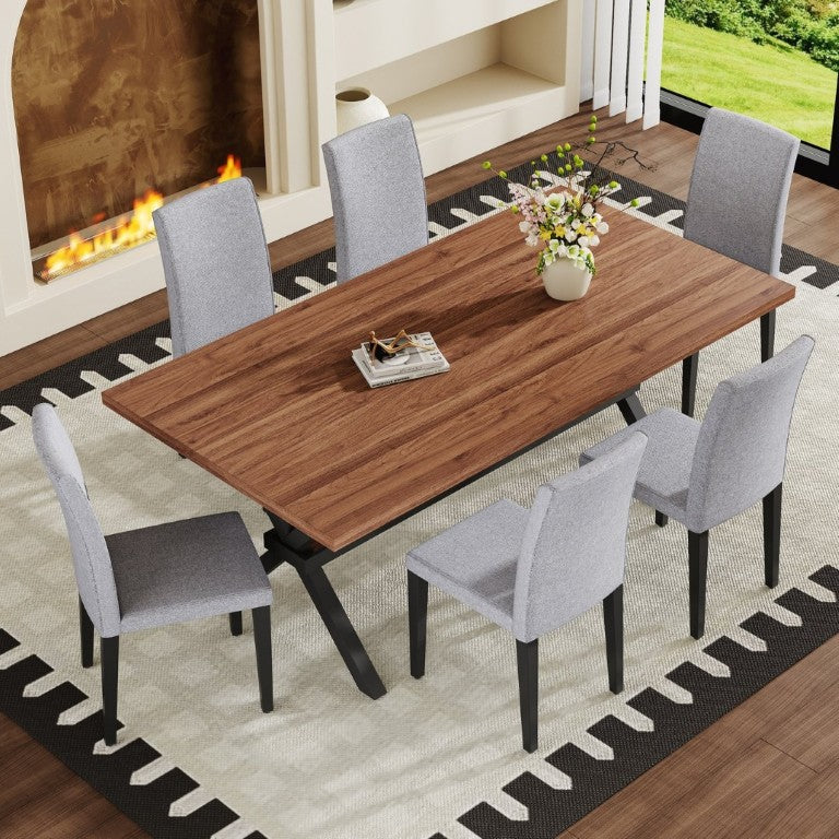 English Elm Table and Chair Set Walnut MDF Dining with X Frame and Six Linen Upholstered Seats W1151S04941