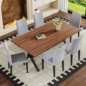 English Elm Table and Chair Set Walnut MDF Dining with X Frame and Six Linen Upholstered Seats W1151S04941