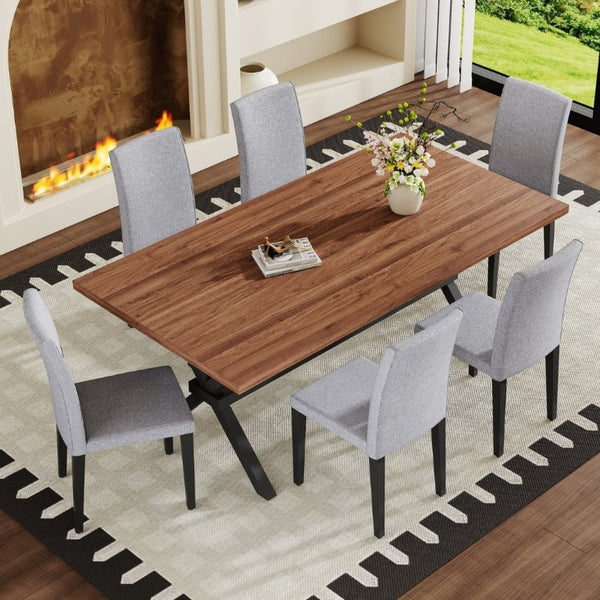 English Elm Table and Chair Set Walnut MDF Dining with X Frame and Six Linen Upholstered Seats W1151S04941