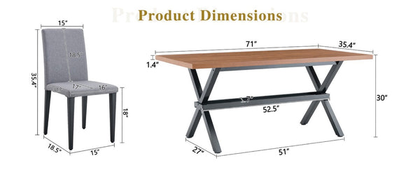 English Elm Table and Chair Set Walnut MDF Dining with X Frame and Six Linen Upholstered Seats W1151S04941