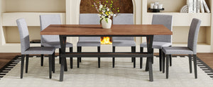 English Elm Table and Chair Set Walnut MDF Dining with X Frame and Six Linen Upholstered Seats W1151S04941