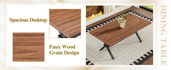 English Elm Table and Chair Set Walnut MDF Dining with X Frame and Six Linen Upholstered Seats W1151S04941