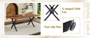English Elm Table and Chair Set Walnut MDF Dining with X Frame and Six Linen Upholstered Seats W1151S04941