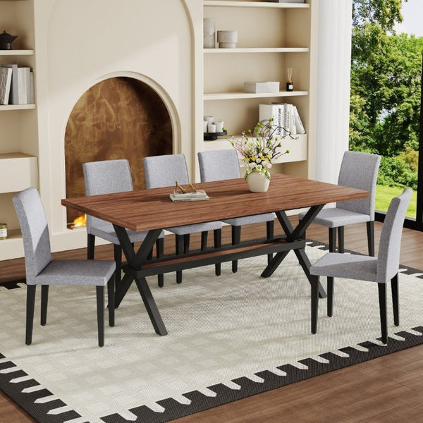 English Elm Table and Chair Set Walnut MDF Dining with X Frame and Six Linen Upholstered Seats W1151S04941