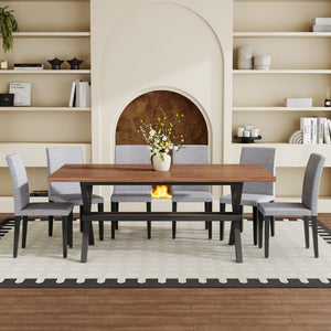 English Elm Table and Chair Set Walnut MDF Dining with X Frame and Six Linen Upholstered Seats W1151S04941