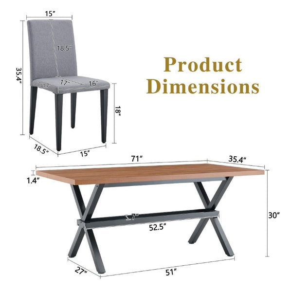 English Elm Table and Chair Set Walnut MDF Dining with X Frame and Six Linen Upholstered Seats W1151S04941