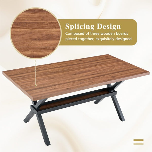 English Elm Table and Chair Set Walnut MDF Dining with X Frame and Six Linen Upholstered Seats W1151S04941