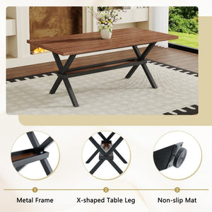 English Elm Table and Chair Set Walnut MDF Dining with X Frame and Six Linen Upholstered Seats W1151S04941