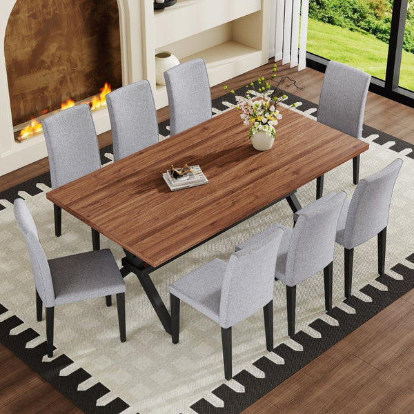 English Elm Table and Chair Set 9 Piece Industrial Dining with Linen Upholstered Seats for 8 Light Gray, Walnut+Black W1151S04942