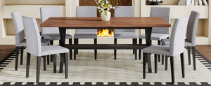 English Elm Table and Chair Set 9 Piece Industrial Dining with Linen Upholstered Seats for 8 Light Gray, Walnut+Black W1151S04942