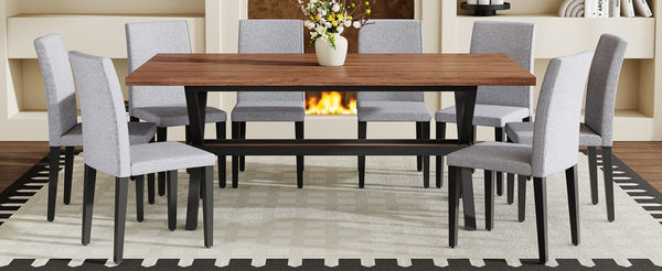 English Elm Table and Chair Set 9 Piece Industrial Dining with Linen Upholstered Seats for 8 Light Gray, Walnut+Black W1151S04942