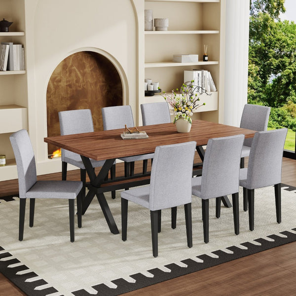 English Elm Table and Chair Set 9 Piece Industrial Dining with Linen Upholstered Seats for 8 Light Gray, Walnut+Black W1151S04942