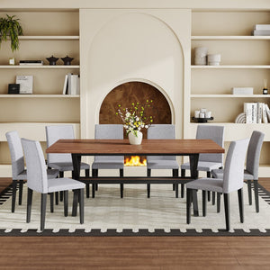 English Elm Table and Chair Set 9 Piece Industrial Dining with Linen Upholstered Seats for 8 Light Gray, Walnut+Black W1151S04942