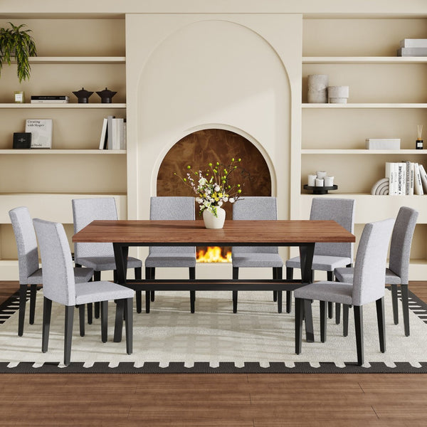 English Elm Table and Chair Set 9 Piece Industrial Dining with Linen Upholstered Seats for 8 Light Gray, Walnut+Black W1151S04942