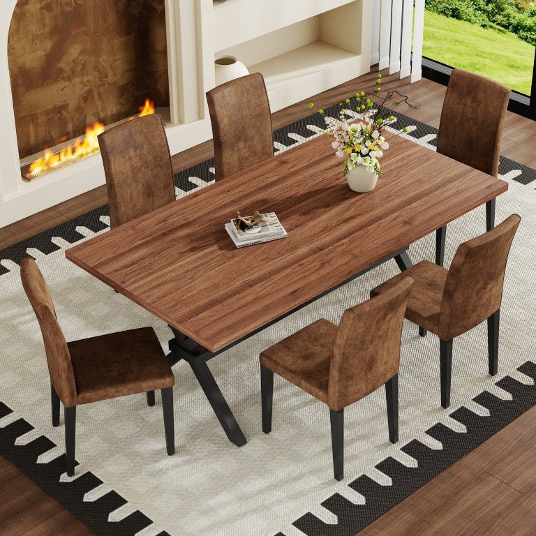English Elm Table and Chair Set Walnut MDF Top X Frame Seats Six with Brown Fabric Dining Chairs W1151S04943