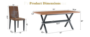 English Elm Table and Chair Set Walnut MDF Top X Frame Seats Six with Brown Fabric Dining Chairs W1151S04943