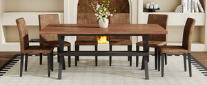 English Elm Table and Chair Set Walnut MDF Top X Frame Seats Six with Brown Fabric Dining Chairs W1151S04943