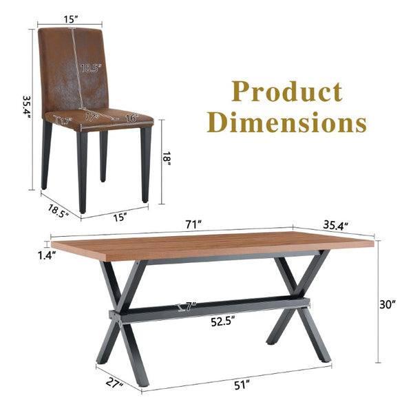 English Elm Table and Chair Set Walnut MDF Top X Frame Seats Six with Brown Fabric Dining Chairs W1151S04943