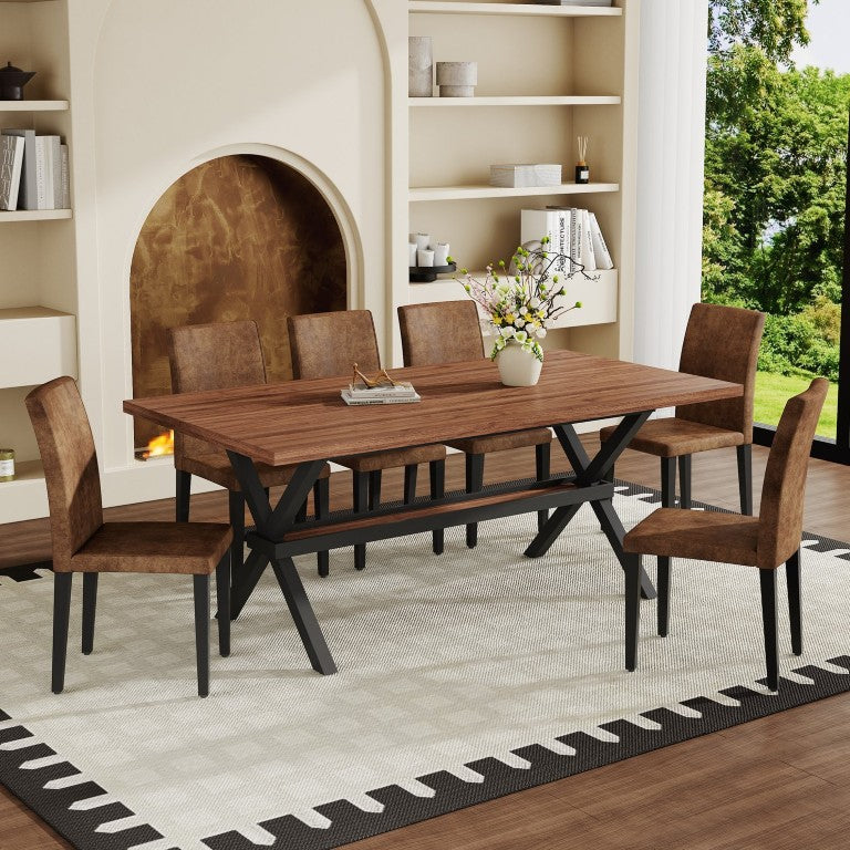 English Elm Table and Chair Set Walnut MDF Top X Frame Seats Six with Brown Fabric Dining Chairs W1151S04943