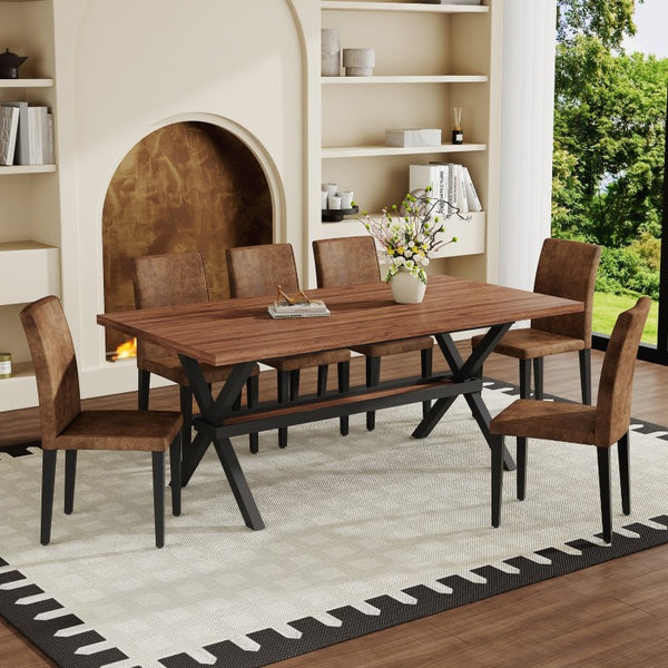 English Elm Table and Chair Set Walnut MDF Top X Frame Seats Six with Brown Fabric Dining Chairs W1151S04943