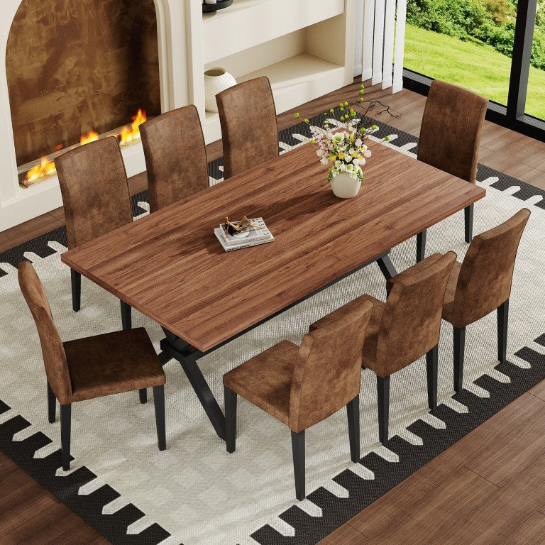 English Elm Table and Chair Set Walnut Finish MDF Top X Frame Seats Eight with Fabric Chairs W1151S04944