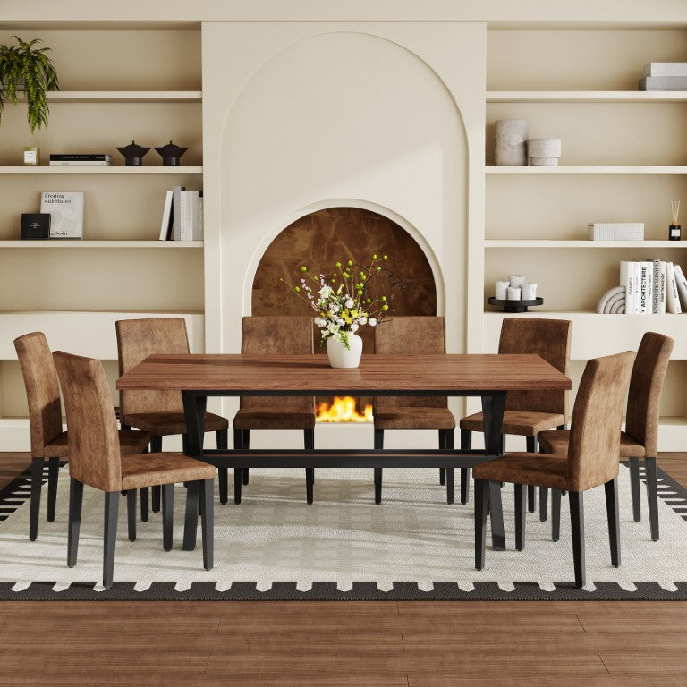English Elm Table and Chair Set Walnut Finish MDF Top X Frame Seats Eight with Fabric Chairs W1151S04944