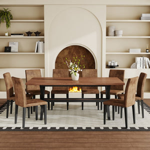 English Elm Table and Chair Set Walnut Finish MDF Top X Frame Seats Eight with Fabric Chairs W1151S04944