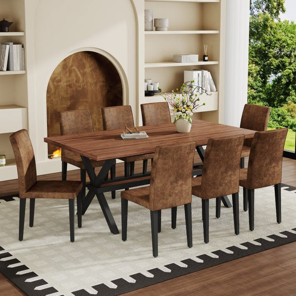English Elm Table and Chair Set Walnut Finish MDF Top X Frame Seats Eight with Fabric Chairs W1151S04944
