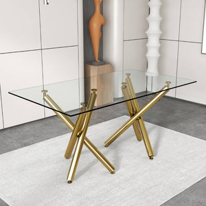 English Elm Large Tempered Glass Rectangular Dining Table Golden Legs Seats Eight Modern Minimalist W1151S04946