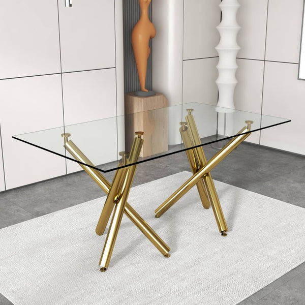 English Elm Large Tempered Glass Rectangular Dining Table Golden Legs Seats Eight Modern Minimalist W1151S04946