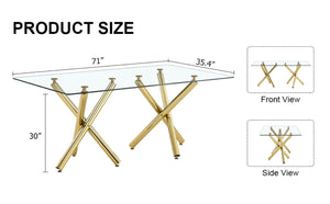 English Elm Large Tempered Glass Rectangular Dining Table Golden Legs Seats Eight Modern Minimalist W1151S04946